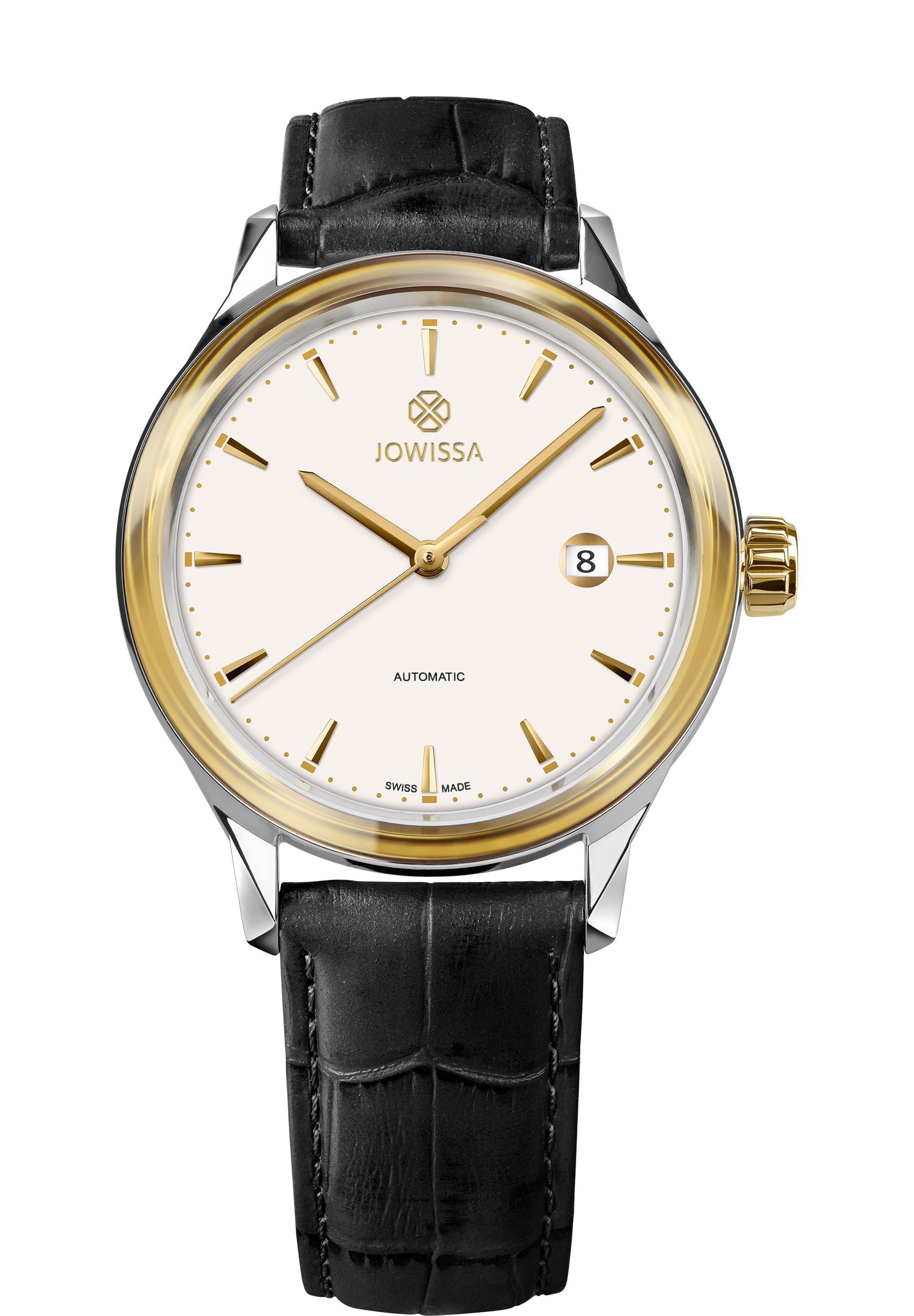 Virtuo Swiss Automatic Watch J4.552.L featuring a white dial, gold-tone accents, and a black leather alligator strap, showcasing visible movement.