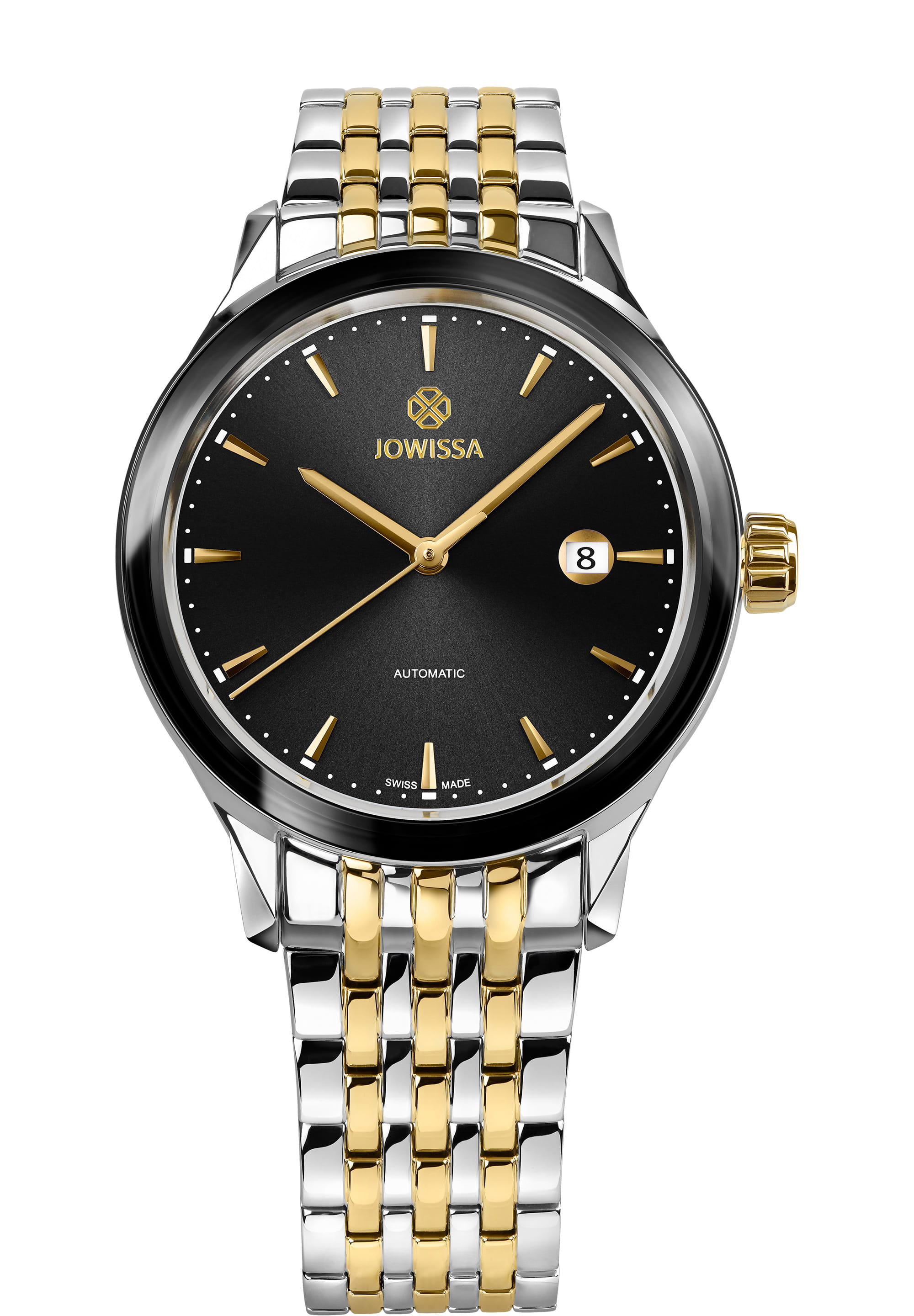 Virtuo Swiss Automatic Watch J4.548.L featuring a black dial, stainless steel bracelet, and elegant design.