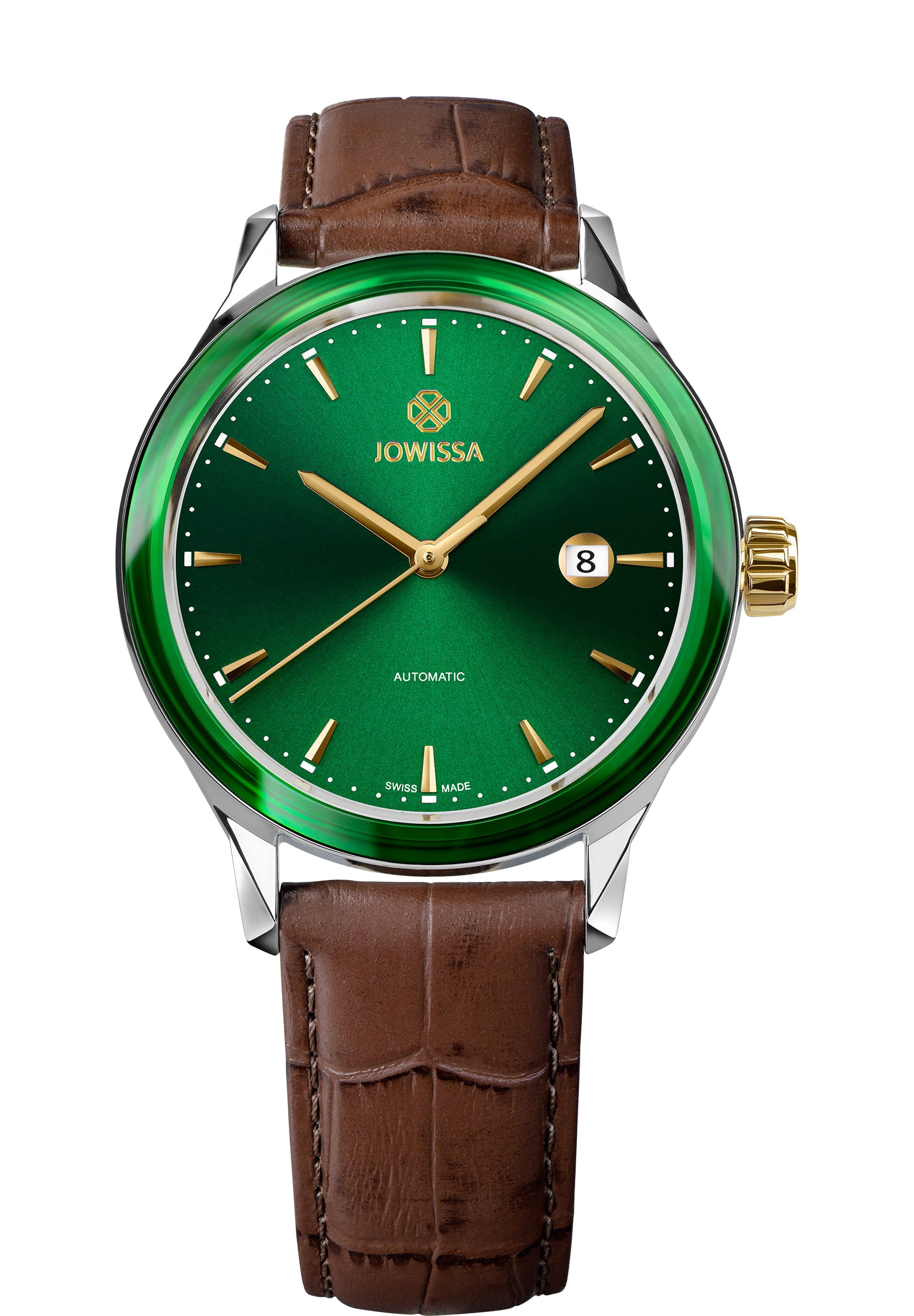 Virtuo Swiss Automatic Watch J4.557.L with green dial, gold-tone markers, and brown leather strap, showcasing its elegant design and craftsmanship.