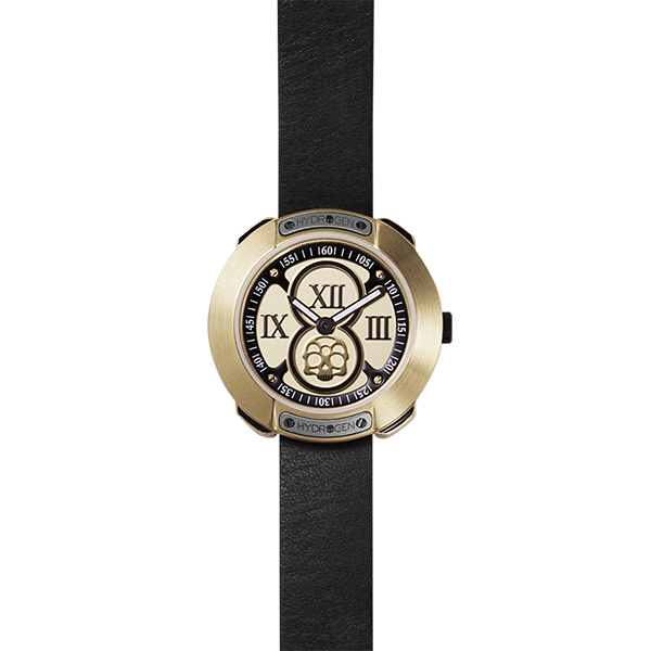 Vista Roman Gold Black watch featuring a gold case, light gold dial with Roman numerals, and a black leather strap.