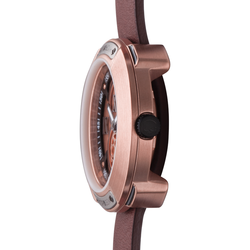 Vista Roman Rose Gold Brown watch featuring a brushed rose gold dial and artisanal brown leather strap with a deployment buckle.