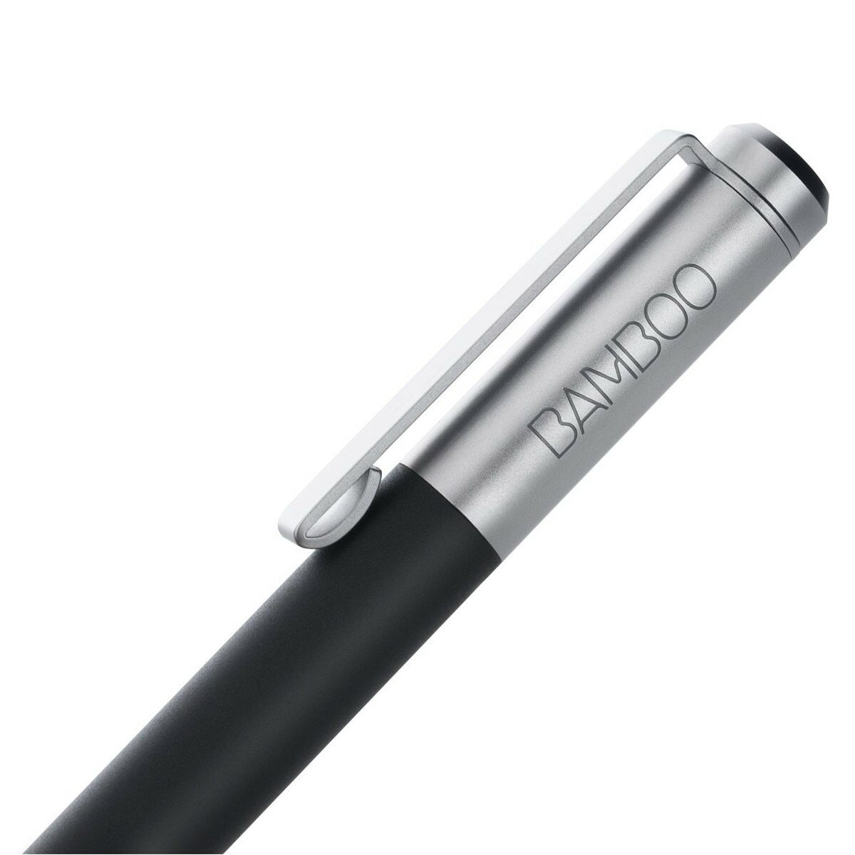 Wacom Bamboo CS100K Black Pen stylus for iPad, featuring a sleek brushed aluminum design and carbon fiber nib.