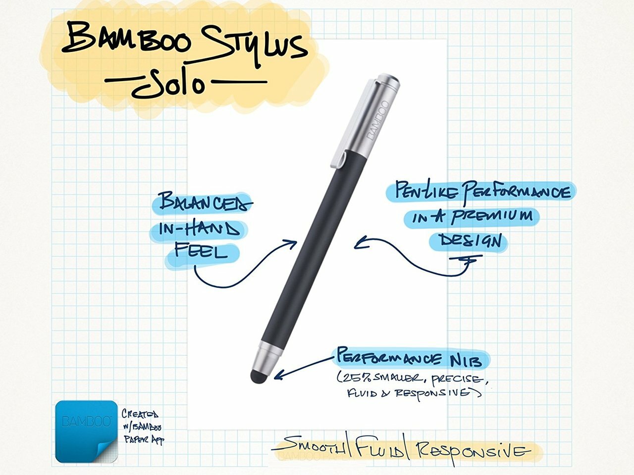 Wacom Bamboo CS100K Black Pen stylus for iPad, featuring a sleek brushed aluminum design and carbon fiber nib.