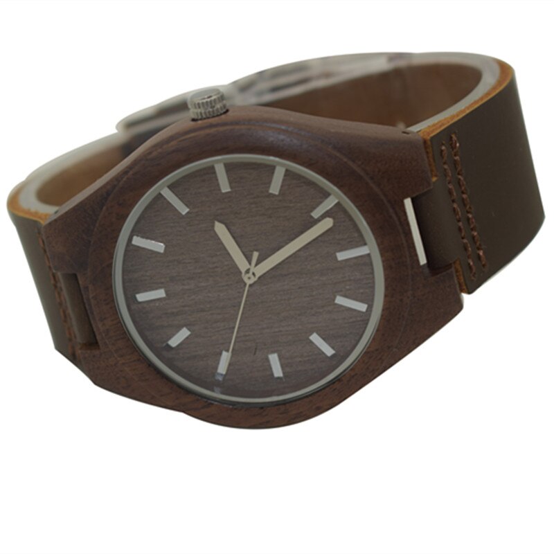 Walnut wooden wrist watch featuring a round dial and leather strap, showcasing its elegant design and craftsmanship.