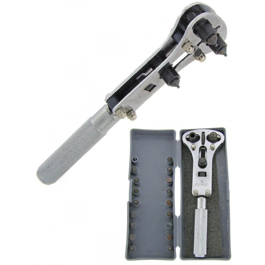 A comprehensive set of watch tools including screwdrivers, case openers, and spring bar tools, designed for watch repair and maintenance.