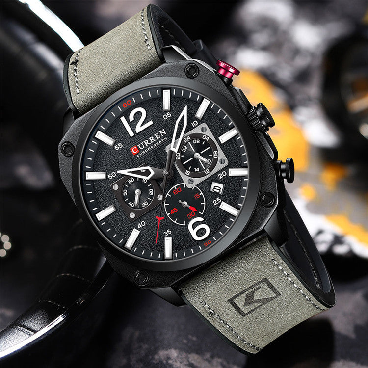 Waterproof Belt Six Hand Calendar Quartz Watch with alloy case and mineral tempered glass, showcasing its stylish design and six-hand functionality.