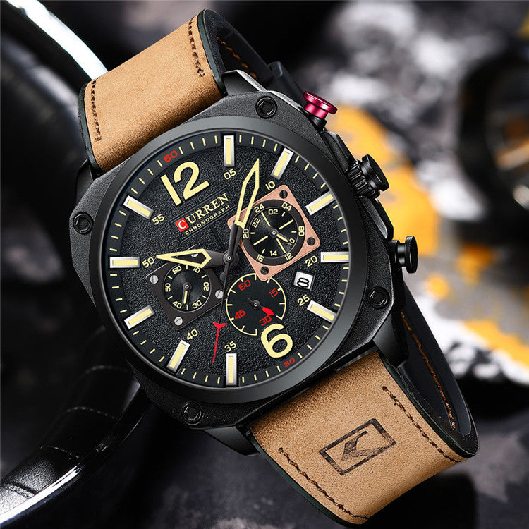 Waterproof Belt Six Hand Calendar Quartz Watch with alloy case and mineral tempered glass, showcasing its stylish design and six-hand functionality.