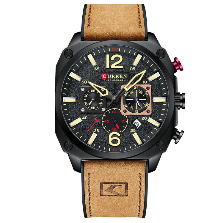 Waterproof Belt Six Hand Calendar Quartz Watch with alloy case and mineral tempered glass, showcasing its stylish design and six-hand functionality.