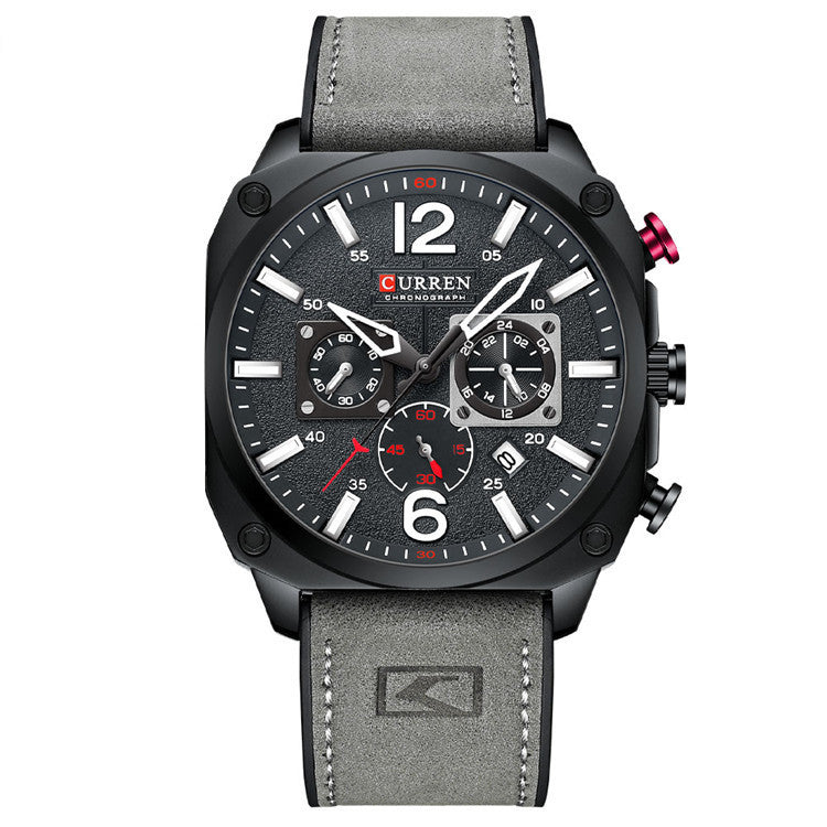 Waterproof Belt Six Hand Calendar Quartz Watch with alloy case and mineral tempered glass, showcasing its stylish design and six-hand functionality.