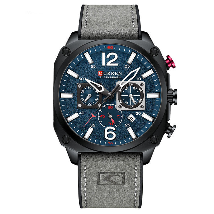 Waterproof Belt Six Hand Calendar Quartz Watch with alloy case and mineral tempered glass, showcasing its stylish design and six-hand functionality.