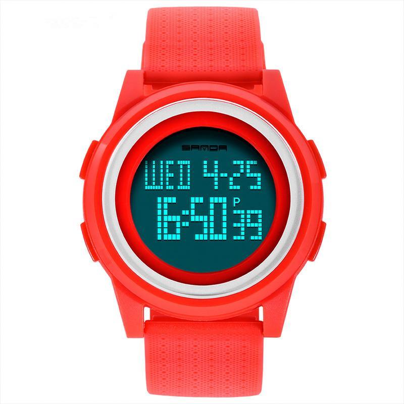 A stylish waterproof electronic watch for young men with a digital display, luminous features, and a durable PU strap.