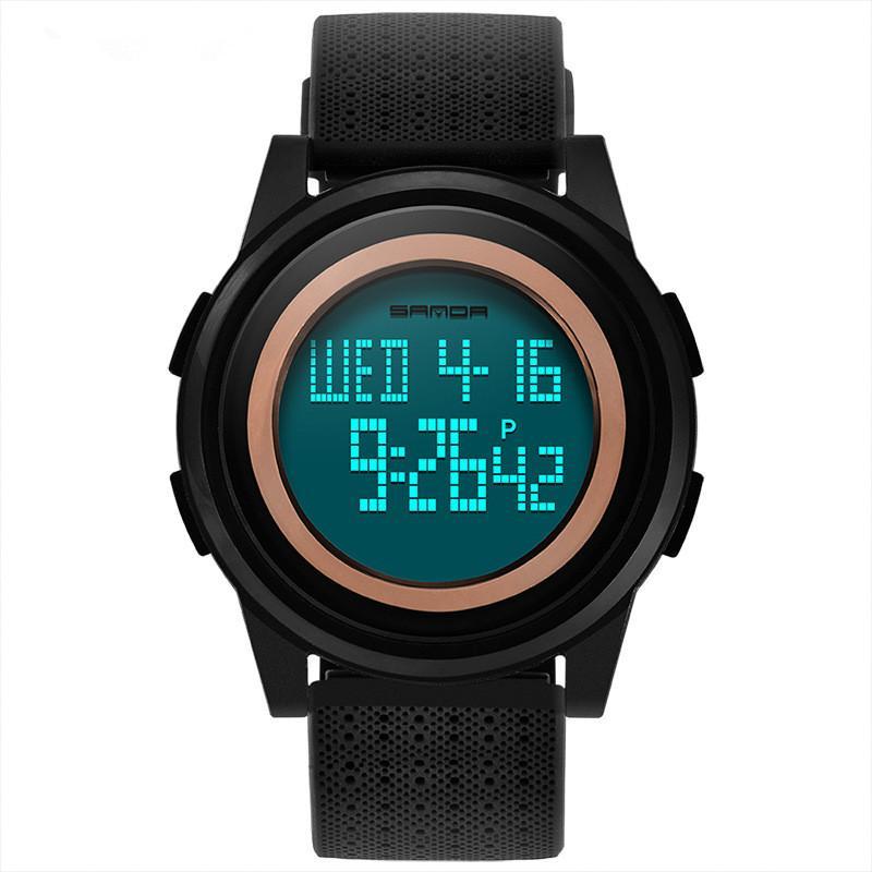 A stylish waterproof electronic watch for young men with a digital display, luminous features, and a durable PU strap.