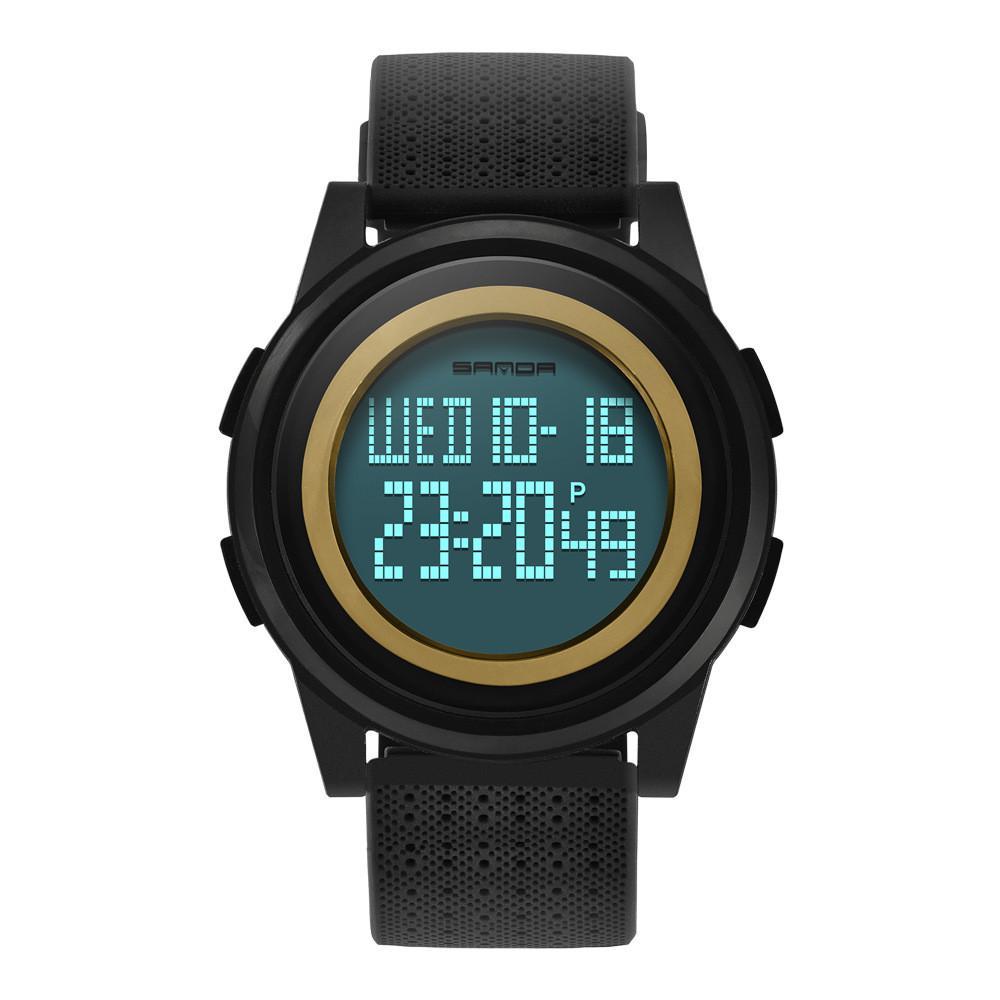 A stylish waterproof electronic watch for young men with a digital display, luminous features, and a durable PU strap.