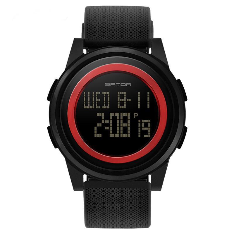 A stylish waterproof electronic watch for young men with a digital display, luminous features, and a durable PU strap.