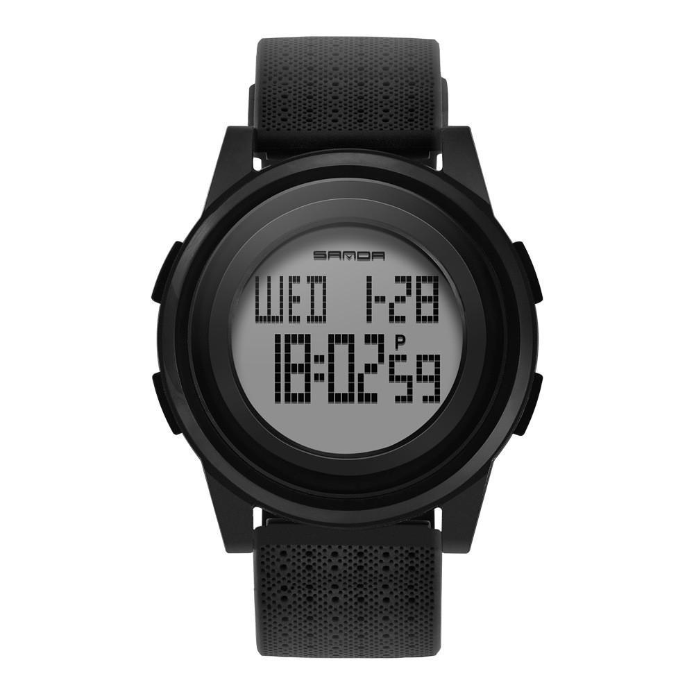 A stylish waterproof electronic watch for young men with a digital display, luminous features, and a durable PU strap.