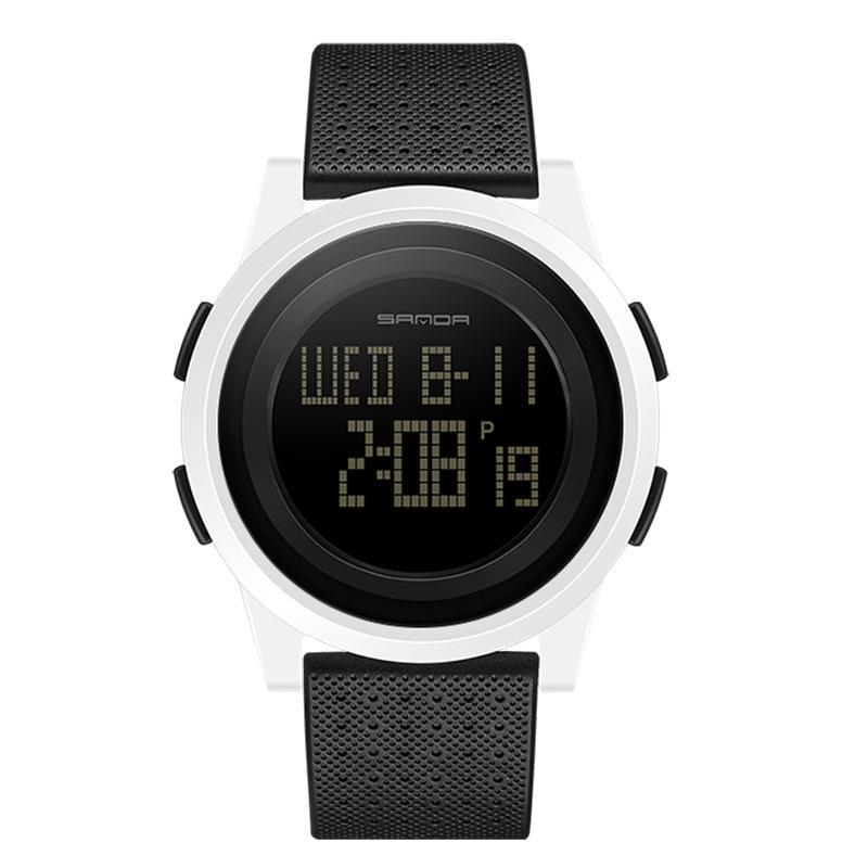 A stylish waterproof electronic watch for young men with a digital display, luminous features, and a durable PU strap.