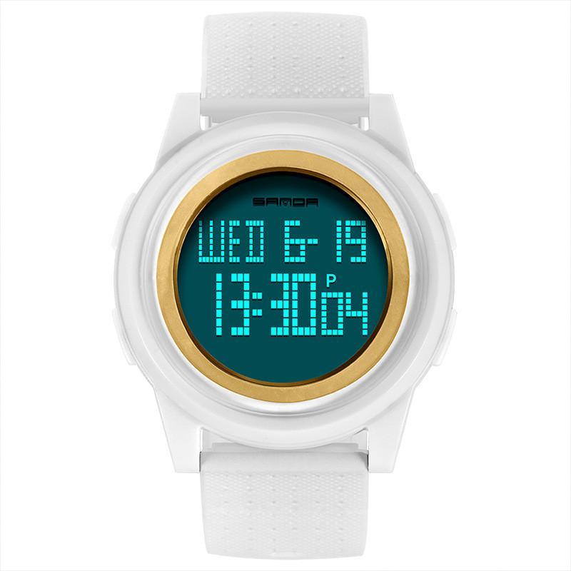 A stylish waterproof electronic watch for young men with a digital display, luminous features, and a durable PU strap.