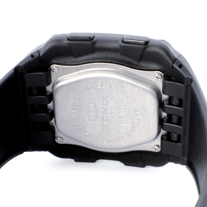 Waterproof electronic watch featuring a luminous heart rate monitor, square shape, and durable resin strap, ideal for sports and outdoor activities.