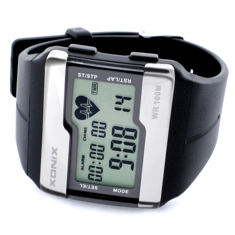 Waterproof electronic watch featuring a luminous heart rate monitor, square shape, and durable resin strap, ideal for sports and outdoor activities.