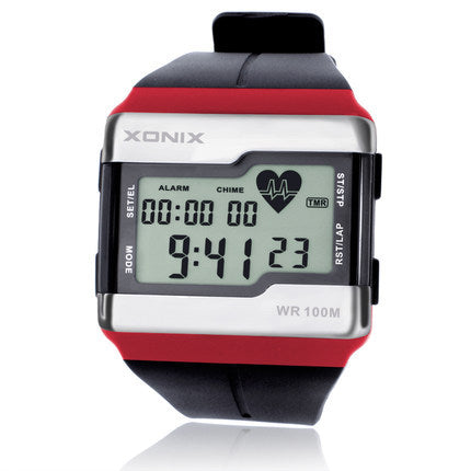 Waterproof electronic watch featuring a luminous heart rate monitor, square shape, and durable resin strap, ideal for sports and outdoor activities.