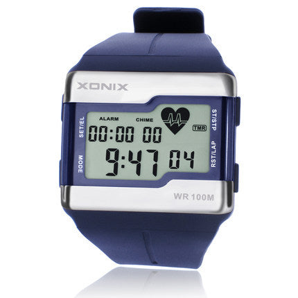 Waterproof electronic watch featuring a luminous heart rate monitor, square shape, and durable resin strap, ideal for sports and outdoor activities.