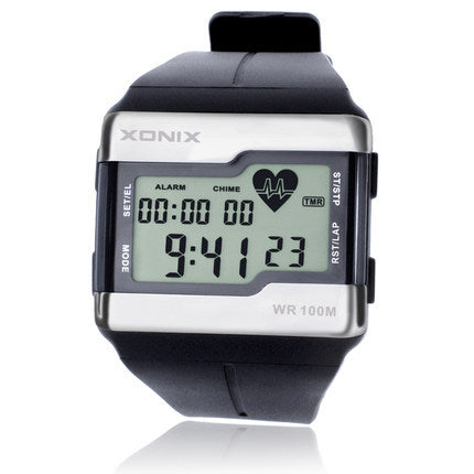 Waterproof electronic watch featuring a luminous heart rate monitor, square shape, and durable resin strap, ideal for sports and outdoor activities.