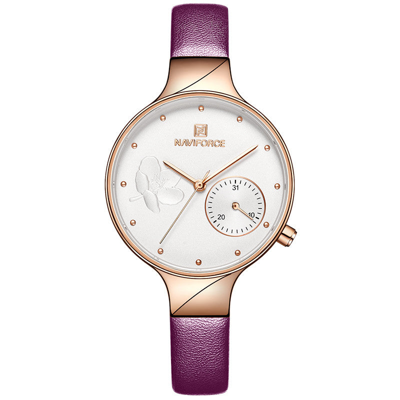 A stylish waterproof quartz watch for women featuring a PU strap, alloy case, and a pointer calendar display.