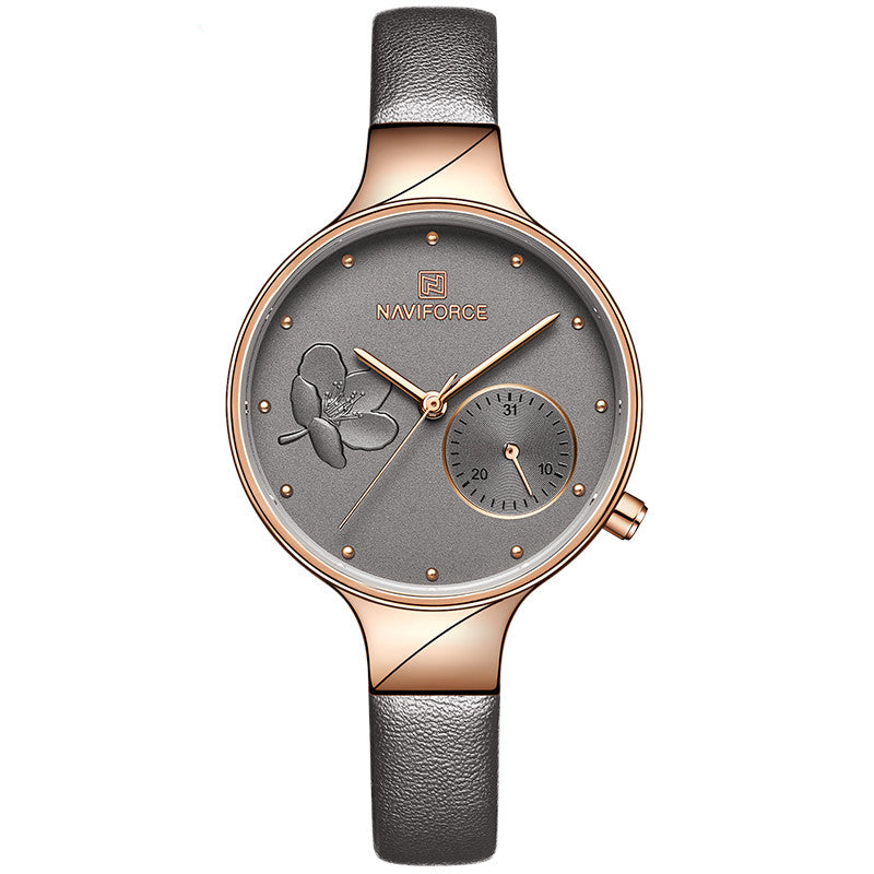 A stylish waterproof quartz watch for women featuring a PU strap, alloy case, and a pointer calendar display.