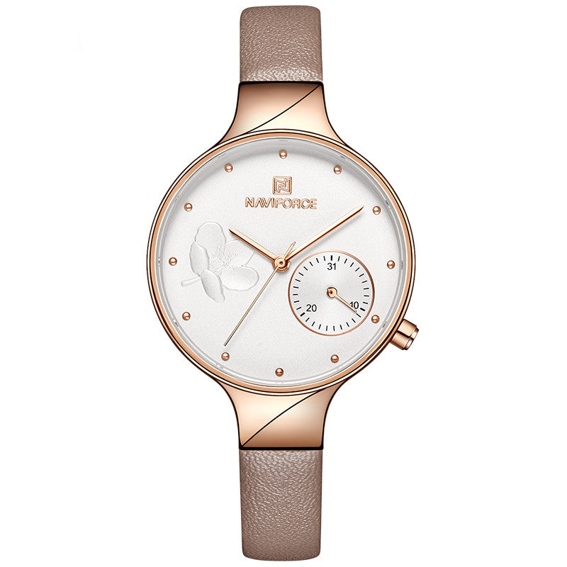 A stylish waterproof quartz watch for women featuring a PU strap, alloy case, and a pointer calendar display.