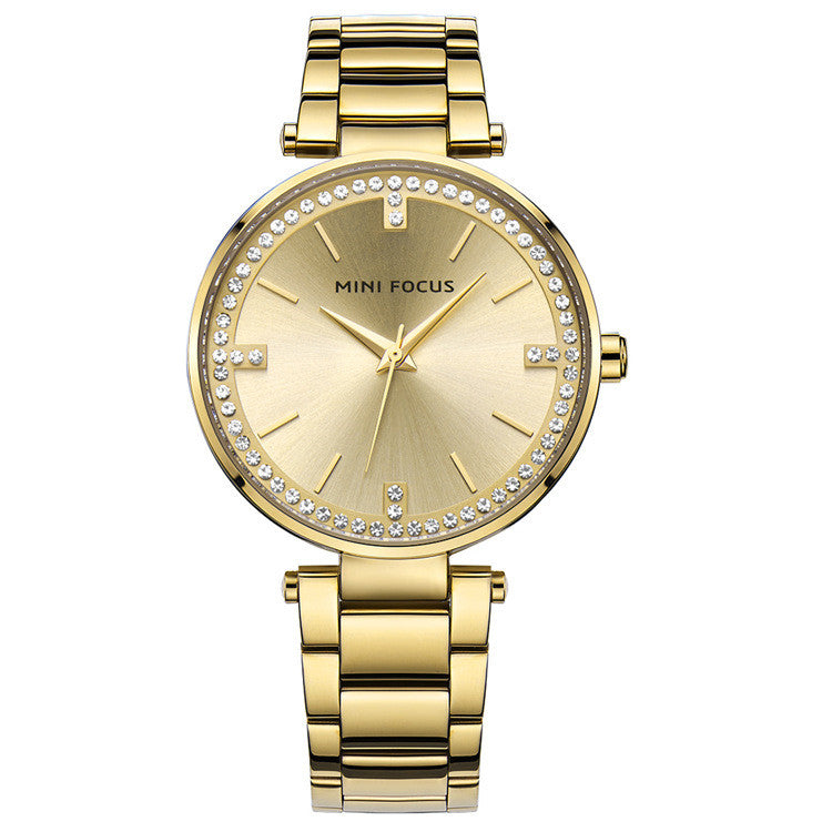 A stylish Women's Quartz Diamond Movement Calendar Waterproof Watch featuring a round dial, stainless steel strap, and diamond accents.