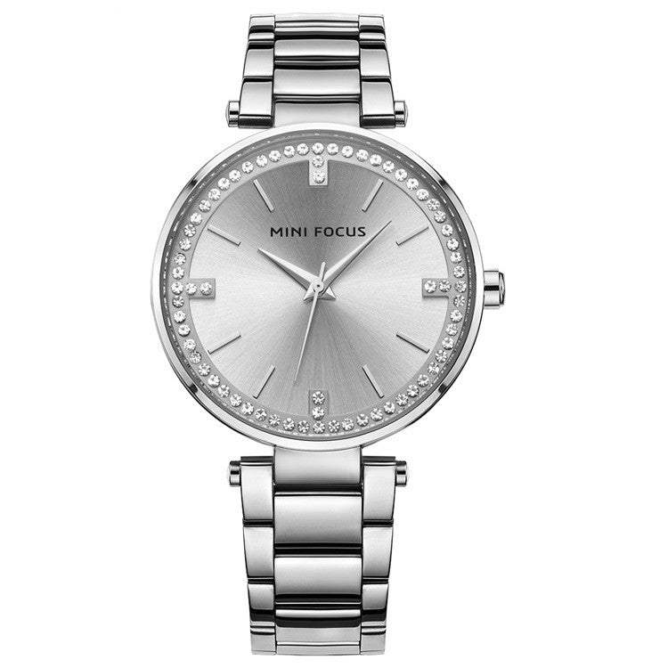 A stylish Women's Quartz Diamond Movement Calendar Waterproof Watch featuring a round dial, stainless steel strap, and diamond accents.