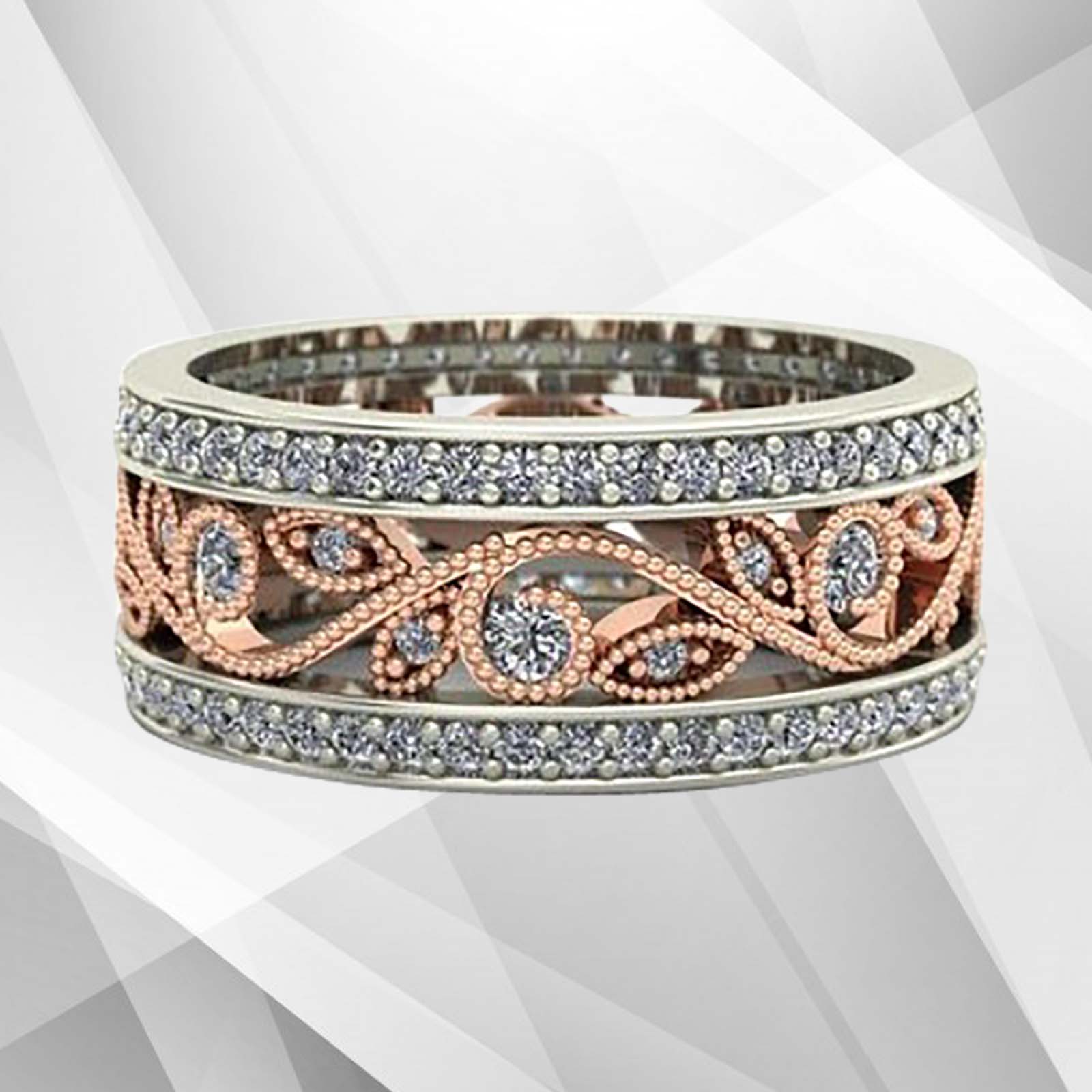 0.35CT Two Tone Bridal Band Ring featuring 122 CZ Diamonds in 18Ct Rose and White Gold, showcasing a luxurious design with pave and channel settings.