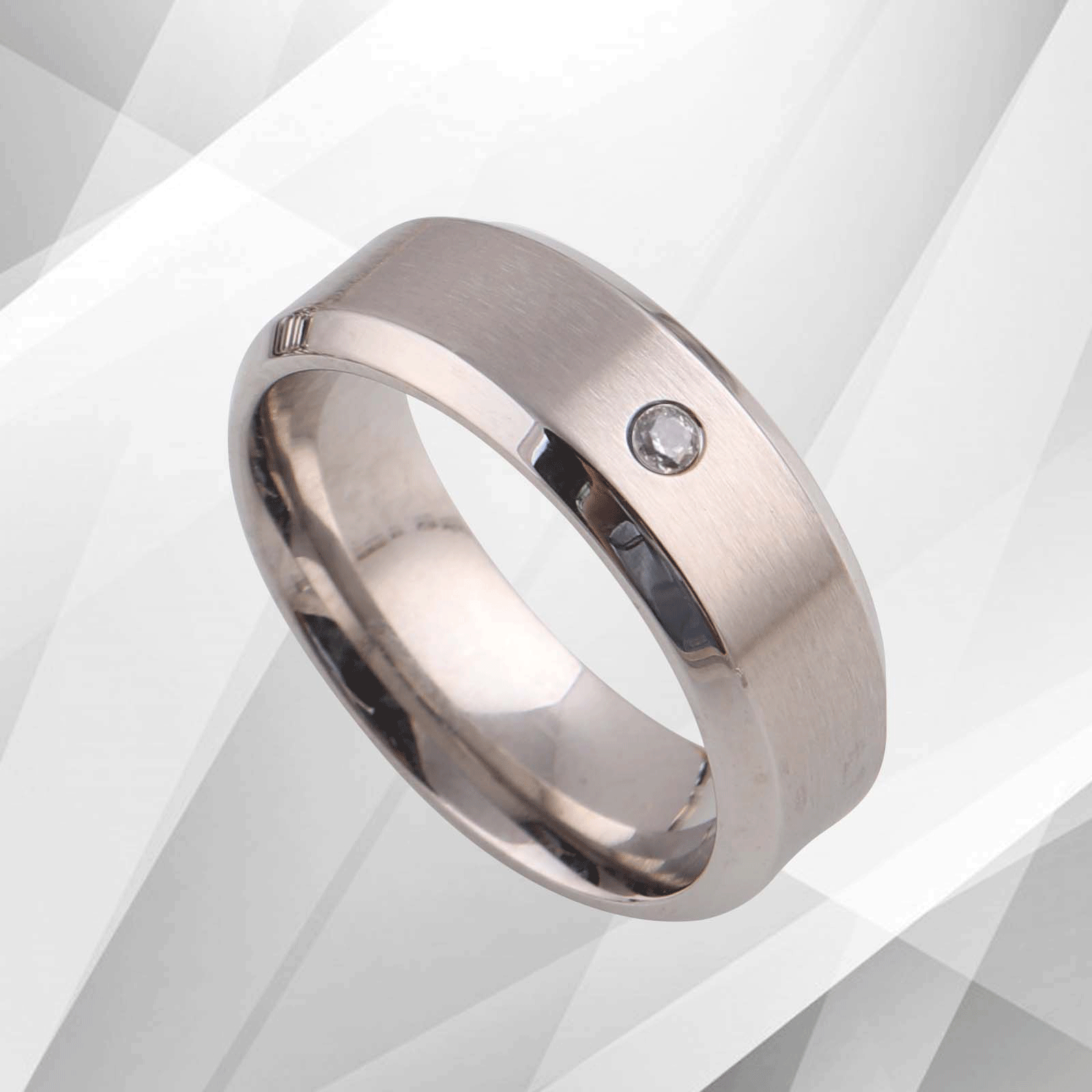 0.35Ct CZ Diamond Titanium Engagement Wedding Band Ring with 18Ct white gold finish, showcasing a brushed and sparkling design.