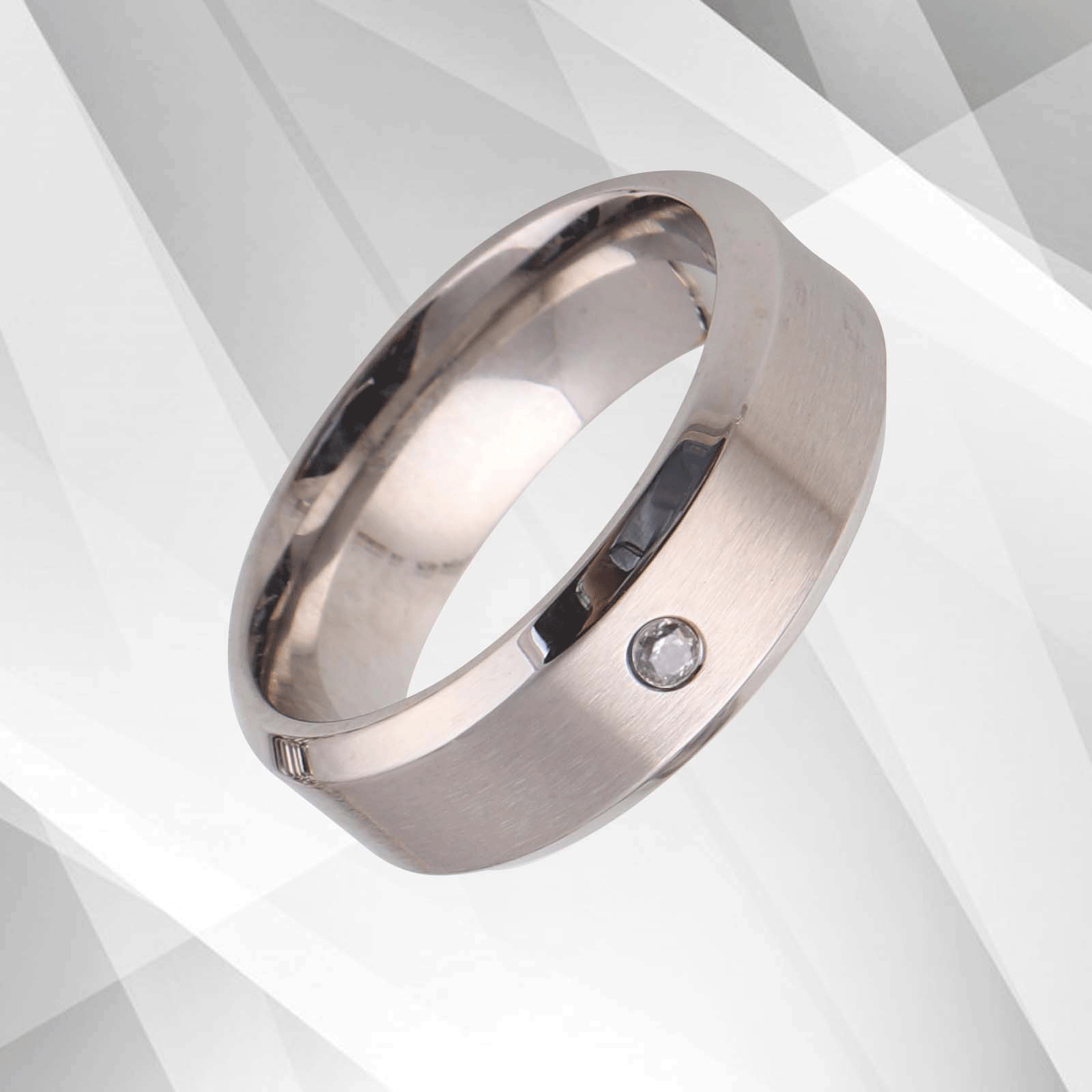 0.35Ct CZ Diamond Titanium Engagement Wedding Band Ring with 18Ct white gold finish, showcasing a brushed and sparkling design.