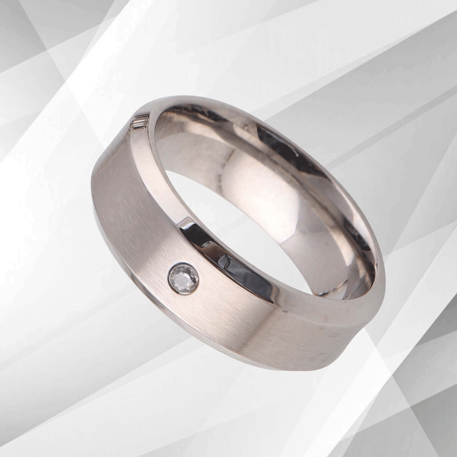 0.35Ct CZ Diamond Titanium Engagement Wedding Band Ring with 18Ct white gold finish, showcasing a brushed and sparkling design.