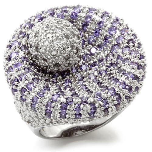 0W018 Rhodium Brass Ring featuring AAA Grade CZ in vibrant tanzanite color, showcasing its elegant design and luxurious finish.