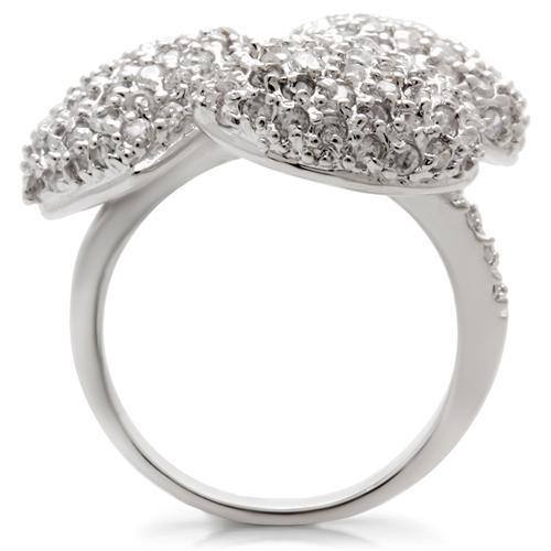 0W145 Rhodium Brass Ring featuring a clear AAA Grade CZ stone, showcasing its elegant design and polished finish.