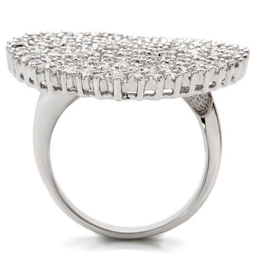 0W146 Rhodium Brass Ring featuring a clear AAA Grade CZ stone, showcasing its elegant design and luxurious finish.