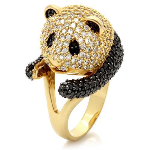 0W182 Gold and Ruthenium Brass Ring featuring a Jet colored AAA Grade CZ stone, showcasing elegance and luxury.