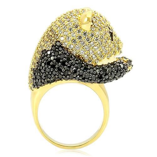 0W182 Gold and Ruthenium Brass Ring featuring a Jet colored AAA Grade CZ stone, showcasing elegance and luxury.