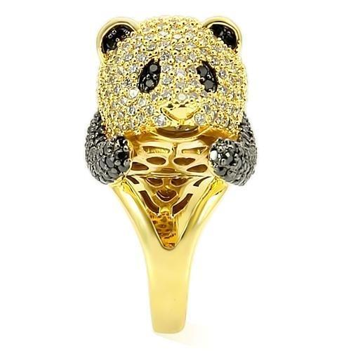 0W182 Gold and Ruthenium Brass Ring featuring a Jet colored AAA Grade CZ stone, showcasing elegance and luxury.