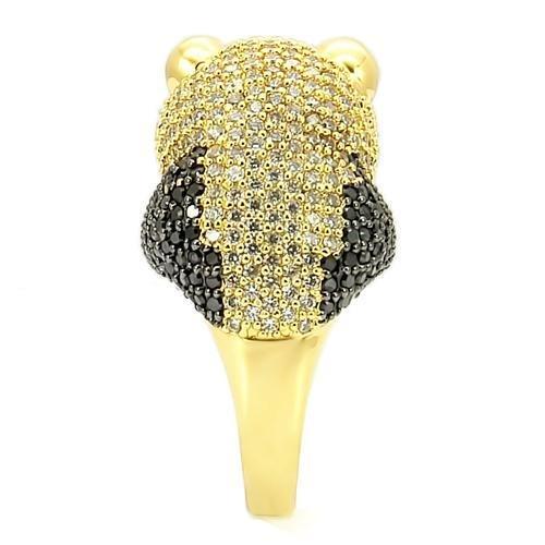 0W182 Gold and Ruthenium Brass Ring featuring a Jet colored AAA Grade CZ stone, showcasing elegance and luxury.