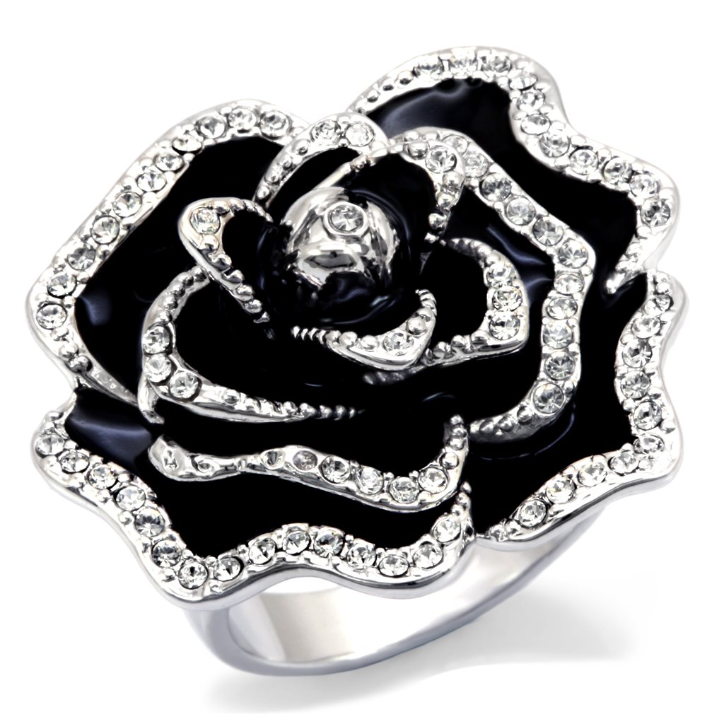 0W252 Rhodium Brass Ring featuring a clear top grade crystal, elegantly designed with a shiny finish.