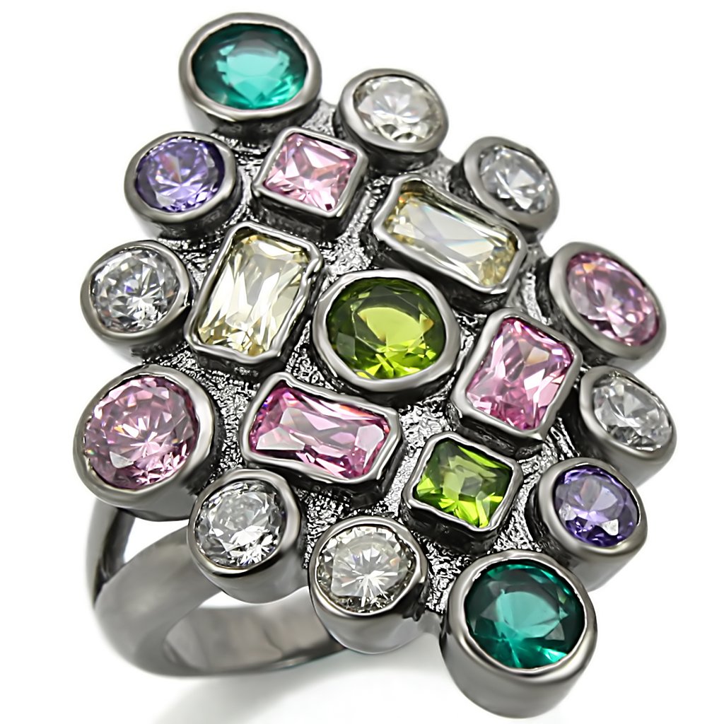 0W297 Ruthenium Brass Ring featuring multi-color AAA Grade CZ stones, elegantly designed for a luxurious look.