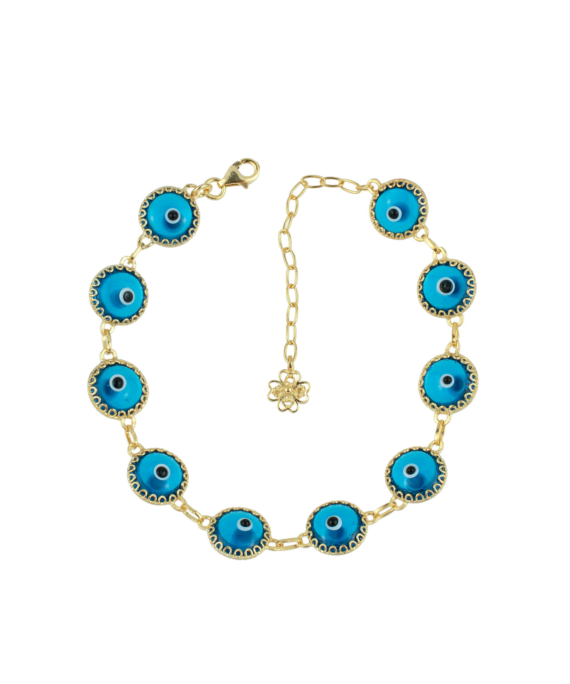 Gold plated sterling silver link bracelet featuring 10 lapis blue evil eye beads, elegantly designed with a lobster claw clasp.