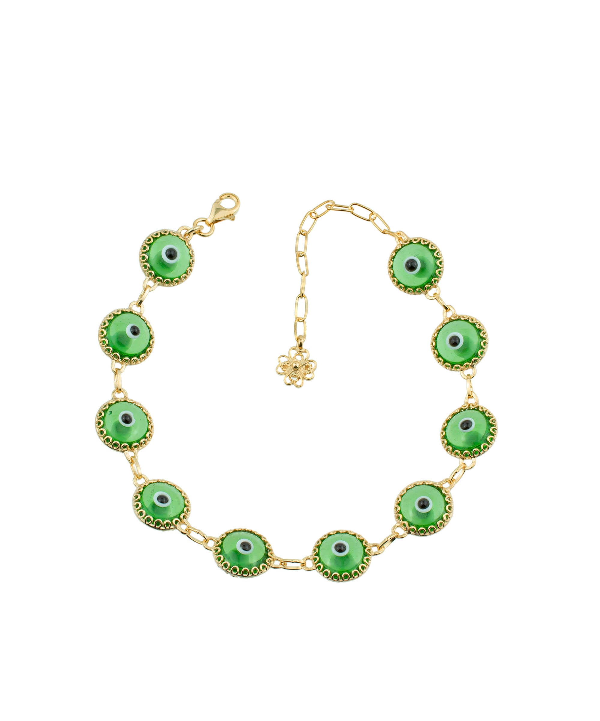 Mint green evil eye bracelet made of gold plated sterling silver with ten beads and a rolo chain design, secured with a lobster claw clasp.