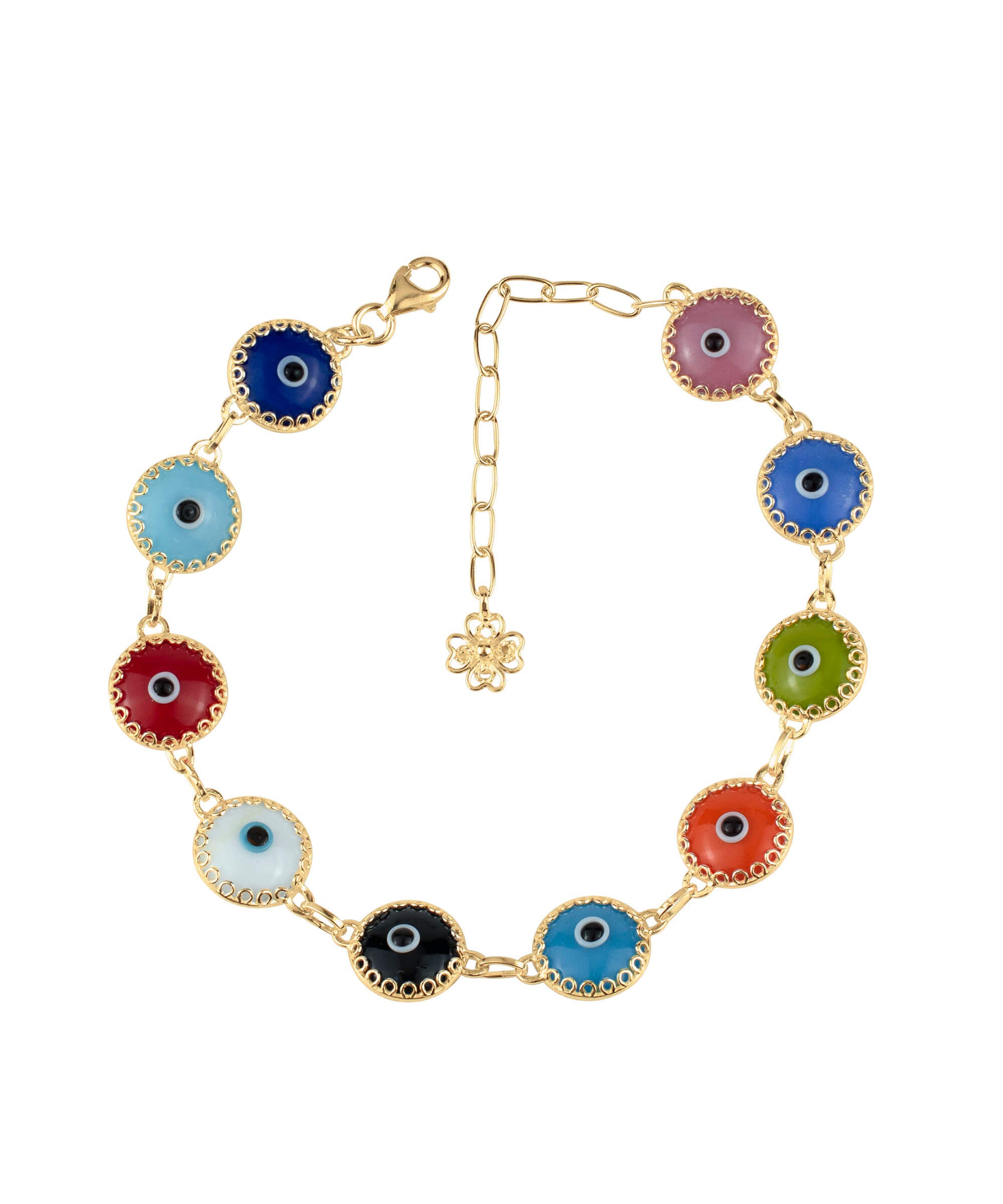 A stylish gold plated silver link bracelet featuring 10 multicolor evil eye beads, designed for women, showcasing intricate craftsmanship.