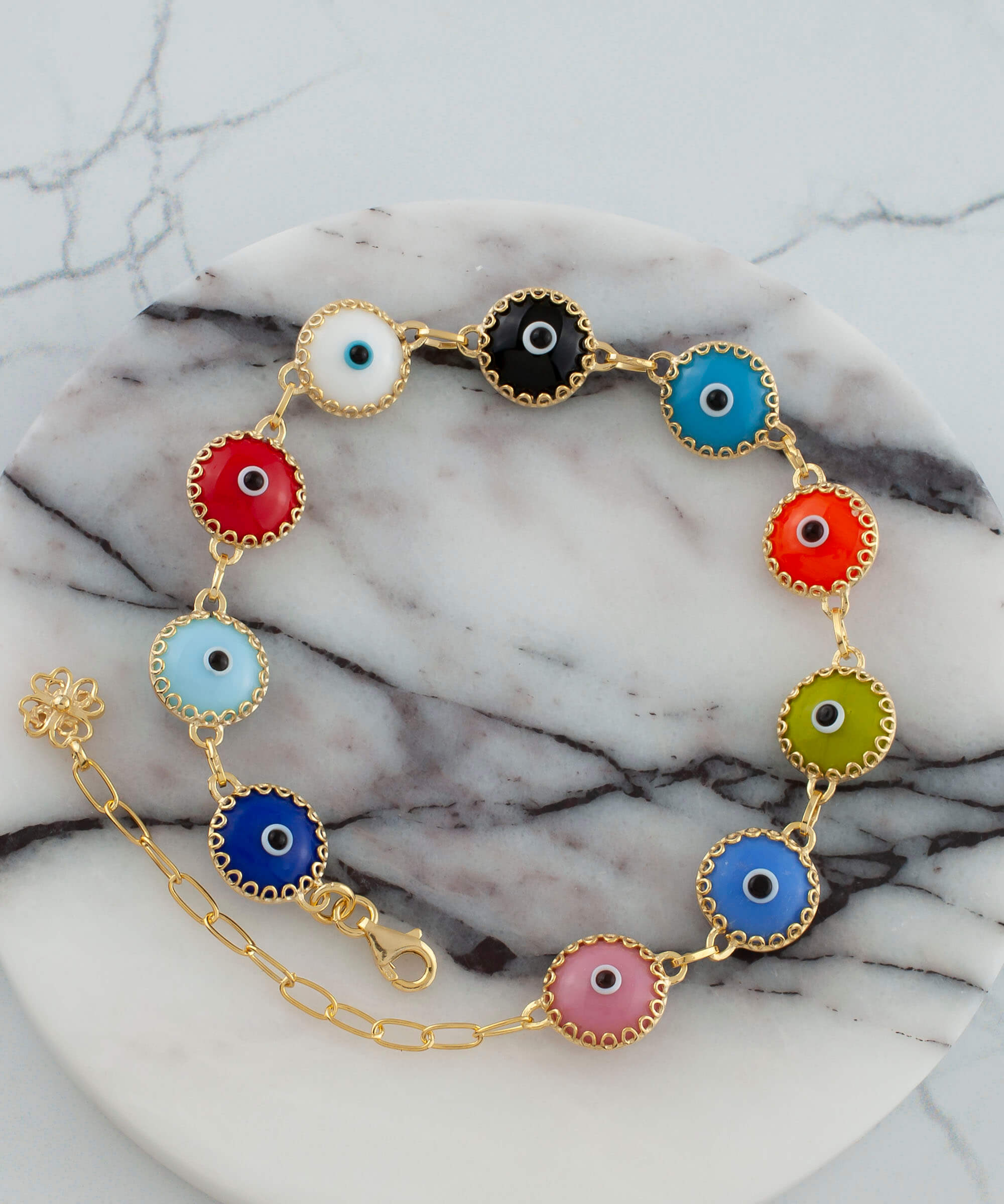 A stylish gold plated silver link bracelet featuring 10 multicolor evil eye beads, designed for women, showcasing intricate craftsmanship.