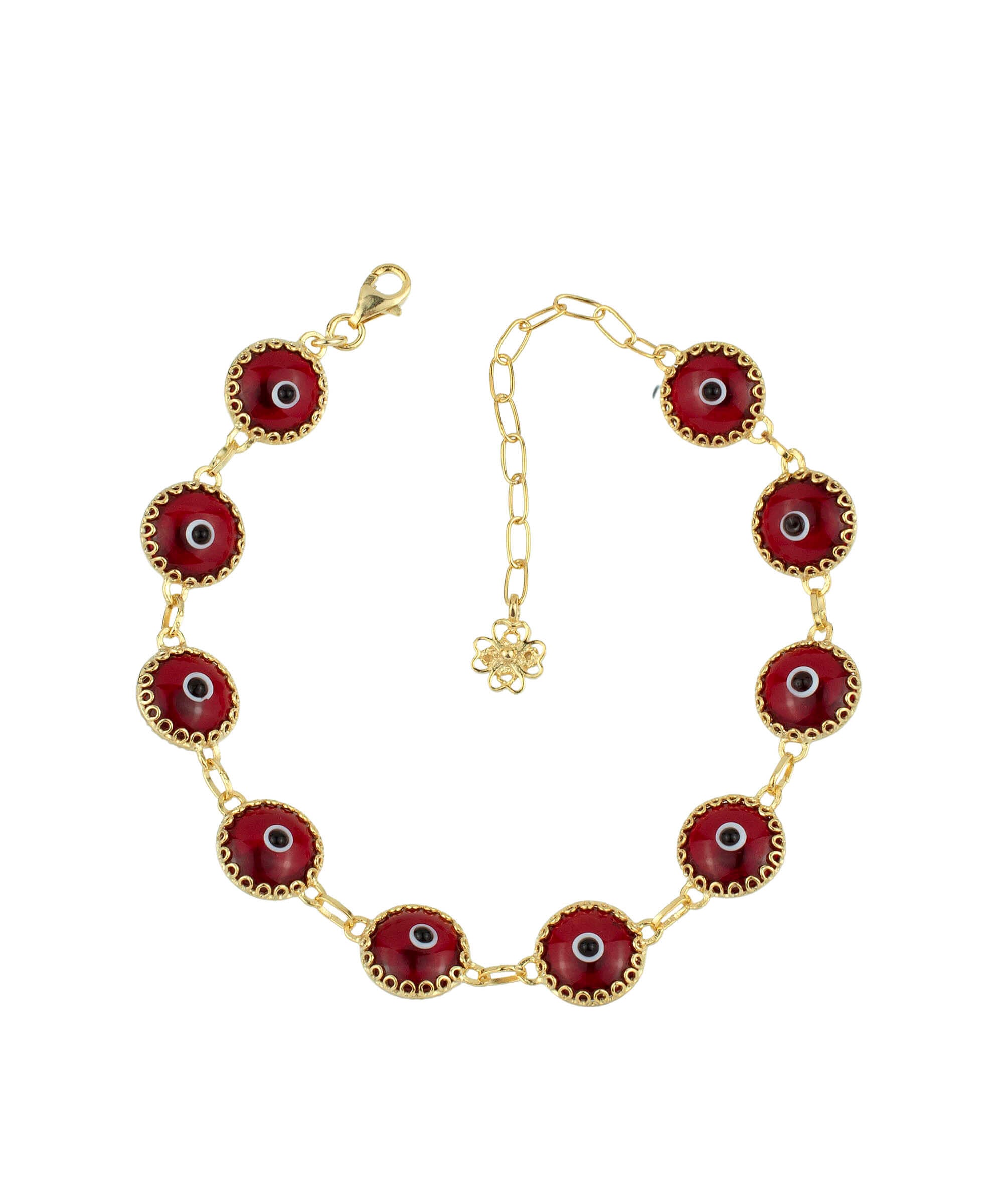 Gold plated sterling silver bracelet featuring 10 red evil eye beads, designed with a strong rolo chain and secured with a lobster claw clasp.