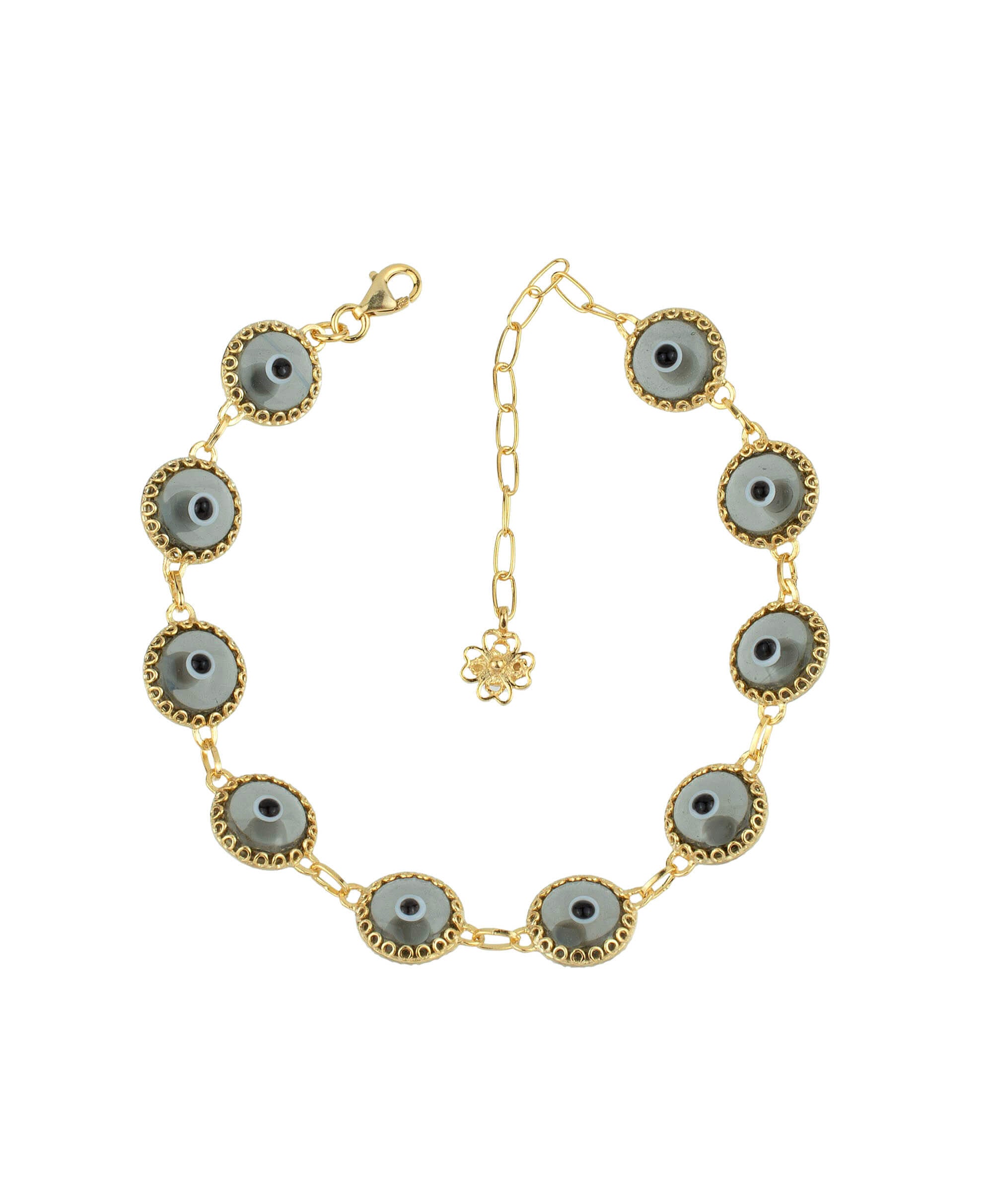 Elegant gold plated sterling silver link bracelet featuring 10 smokey evil eye beads, designed for women with a lobster claw clasp.